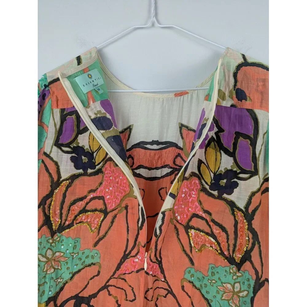 Essentiel Beach Women's Silk Blend Top EU42 Large‎ Floral Tan Shirt Sequence - Picture 11 of 11